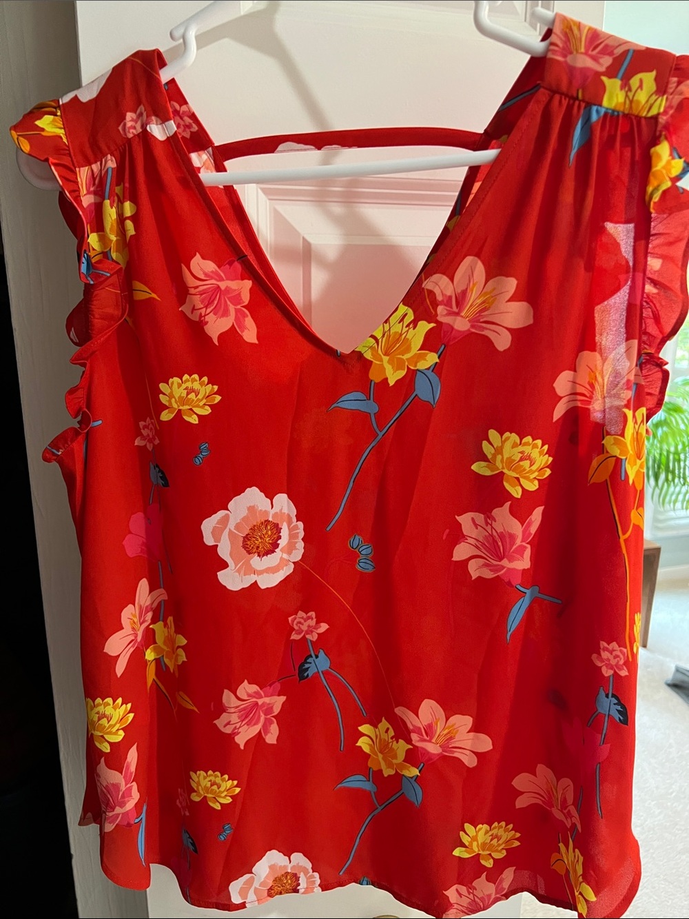 LOFT Red Floral V-Neck Ruffle-Shoulder Camisole